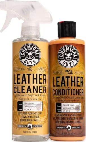 Chemical Guys leather cleaner and leather conditioner in two matching 16 oz bottles