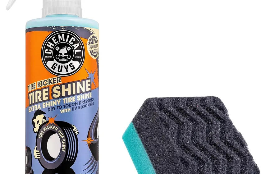 Chemical Guys Tire Kicker Extra Glossy Tire Shine 16 oz spray bottle next to its curved Wonder Wave foam applicator