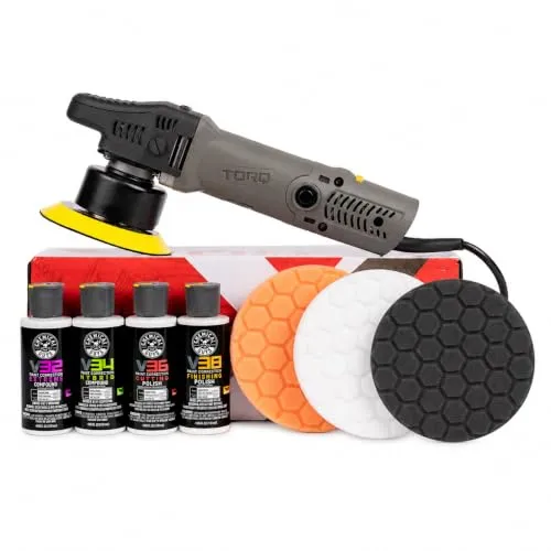 Chemical Guys TORQX random orbital polisher in black with its side handle, foam pads, polishes and compounds from the nine piece kit