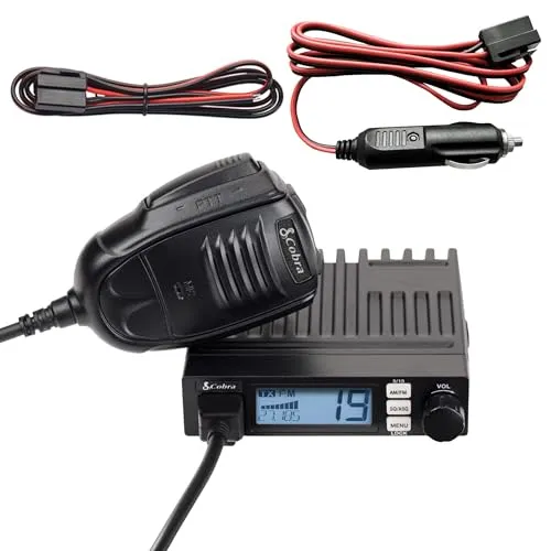 Cobra 19 MINI AM/FM CB radio, a palm-sized black transceiver with its heavy-duty microphone