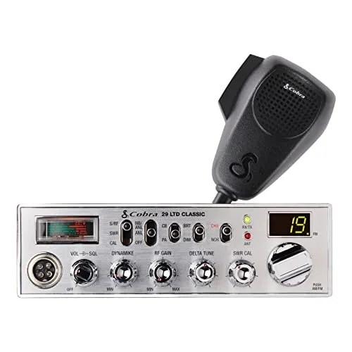Cobra 29 LTD Classic AM/FM CB radio with its front panel knobs, signal meter and 4-pin microphone