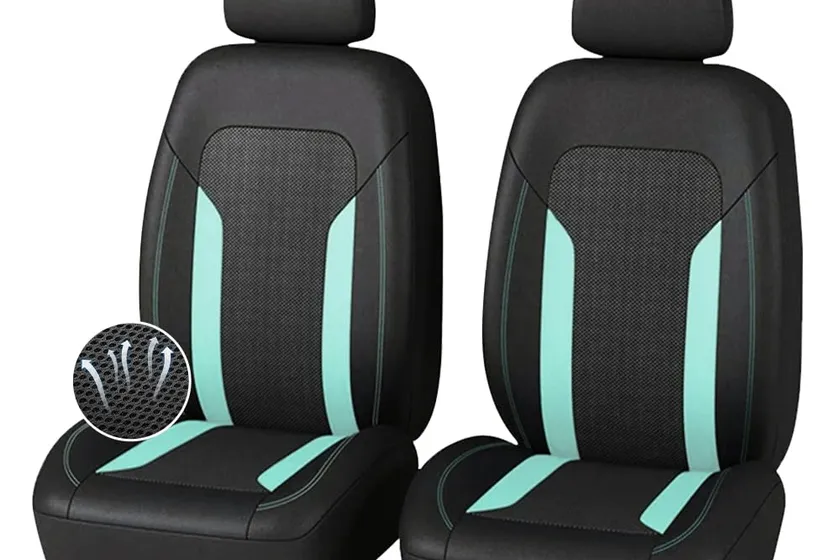 Mint green four-piece cooling car seat cover set with mesh panels and foam padding on front seats