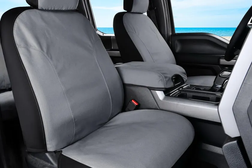 Gray Coverado waterproof canvas front seat protectors for Ford F-150, designed for kids and dogs