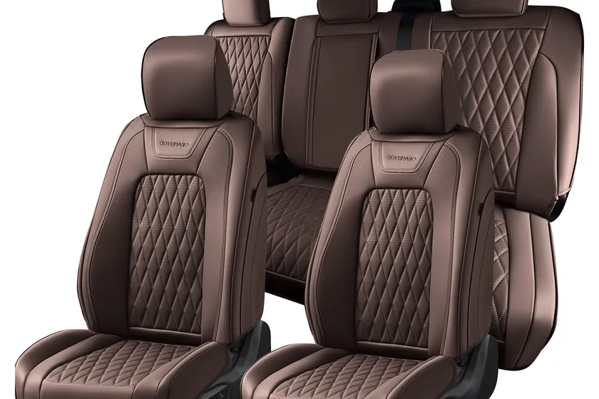 Coverado coffee-colored premium leather full set seat covers fitted to a Ford F-350 crew cab interior