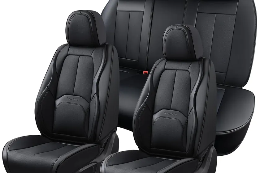 Black Coverado Nappa leather seat covers with built-in lumbar support cushions on front seats and rear bench