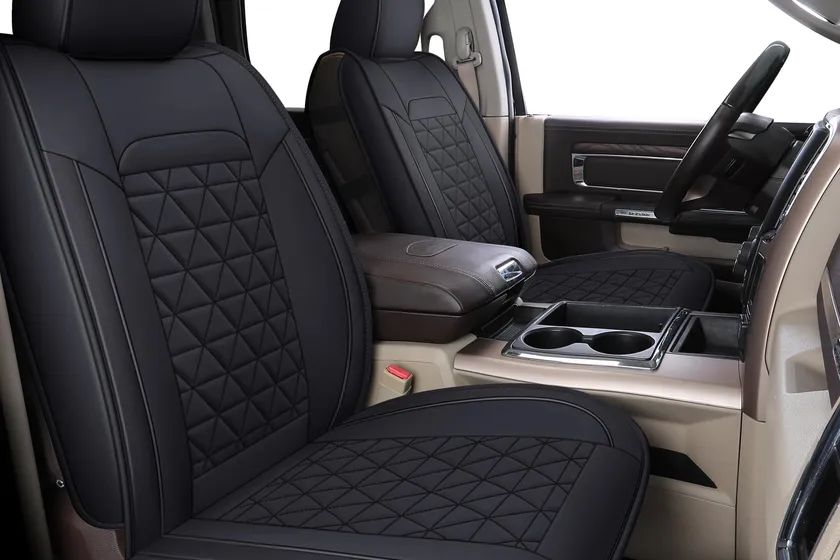 Coverado waterproof faux leather full set seat covers in black installed in a Ram 1500 crew cab