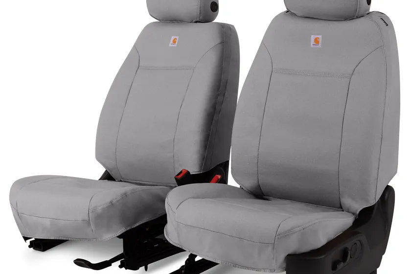 Gravel colored Covercraft Carhartt SeatSaver duck weave seat covers fitted to the front bucket seats of a Honda CR-V