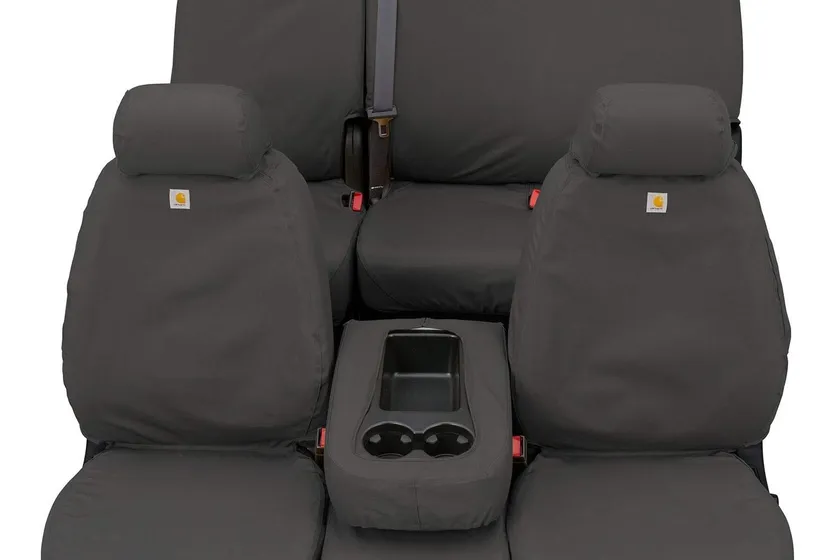 Covercraft Carhartt SeatSaver duck weave seat covers in gravel on a Ram 2500 front 40/20/40 bench seat