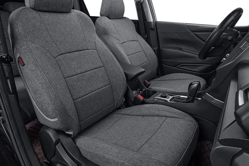 Gray coverdream breathable cloth seat covers custom fitted to a 2014 to 2018 Subaru Forester interior