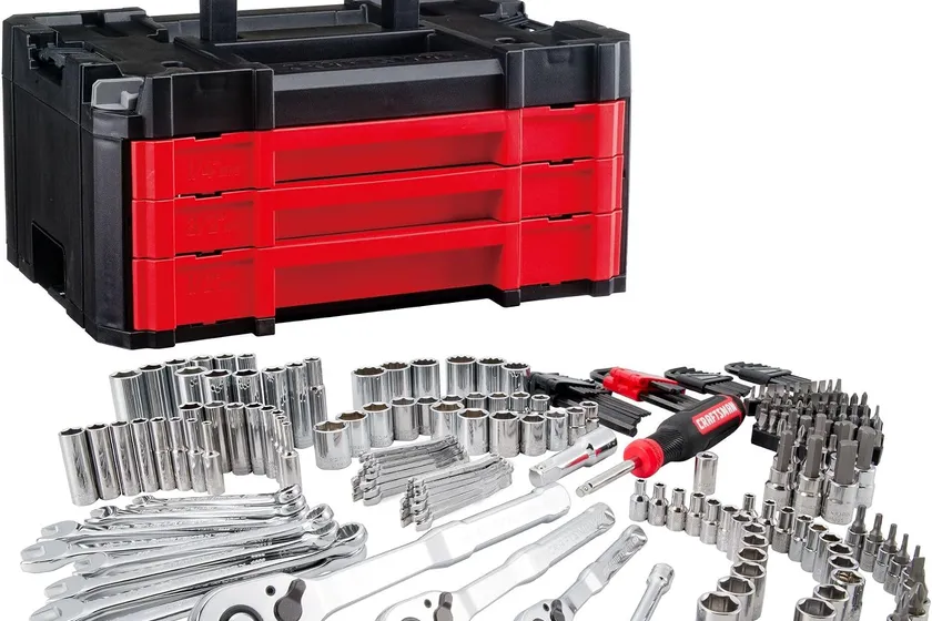 CRAFTSMAN 230 piece mechanics tool set laid out in three red and black VERSASTACK drawers with sockets, ratchets and wrenches