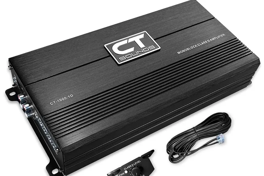 CT Sounds CT-1000.1D compact monoblock car amplifier with its bass knob and 4 gauge power terminals