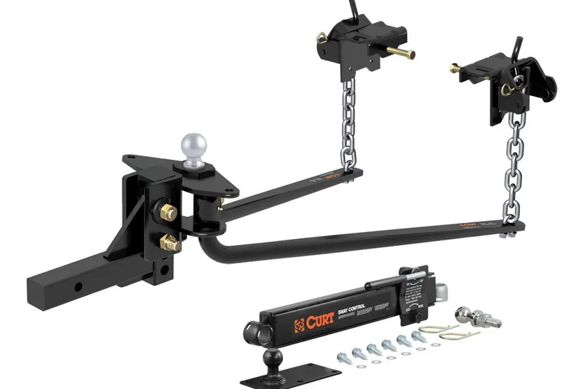 CURT 17062 weight distribution hitch head with a pre-torqued 2-5/16 inch ball, forged round spring bars and a sway control bar