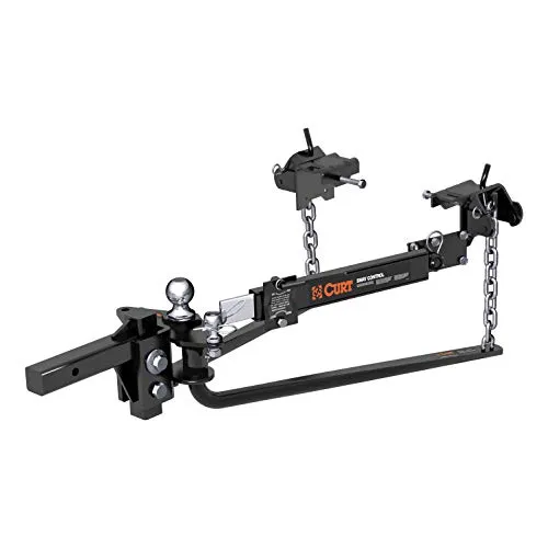 CURT 17063 round bar weight distribution hitch with forged steel spring bars, chain hookup brackets and a black powder coat finish