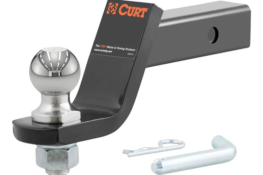 CURT 45056 black steel ball mount with a chrome 2 inch trailer ball, hitch pin and clip