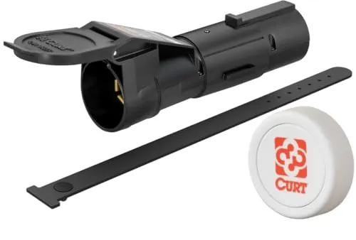 CURT Echo black plug-in trailer brake controller sitting between a truck 7-way socket and a trailer plug, with the dash override button