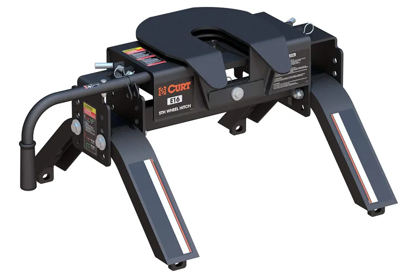 CURT E16 fifth wheel hitch head on a two-leg base with dual jaws and a pull handle