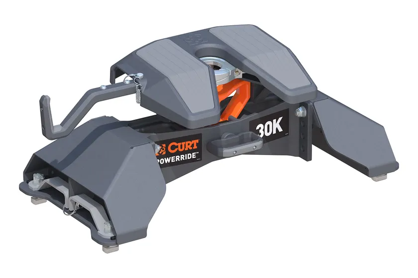 CURT PowerRide 30K fifth wheel hitch with tall legs that drop into a Ford factory puck system