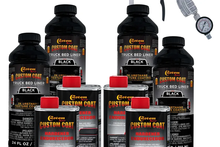 Custom Coat black 1 gallon urethane bed liner kit with bottles, hardener, spray gun and regulator