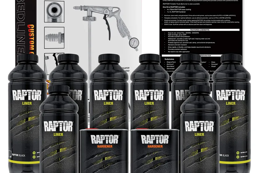 Custom Shop U-Pol Raptor black 8 quart bed liner kit with eight bottles, hardener and spray gun with regulator