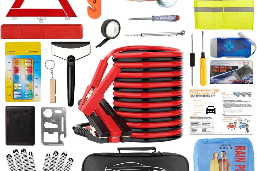 CYECTTR compact roadside emergency kit bag with jumper cables, a warning triangle, a safety vest and a hand-press flashlight