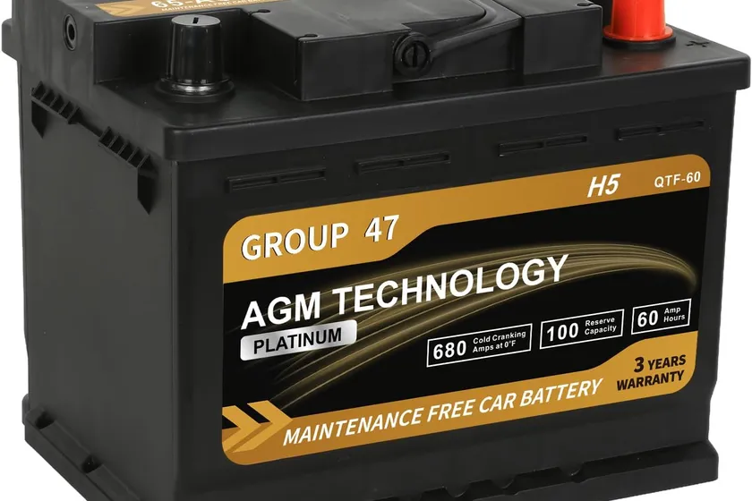 Daakmax Platinum AGM Group 47 H5 car battery with tapered top terminals and a black case