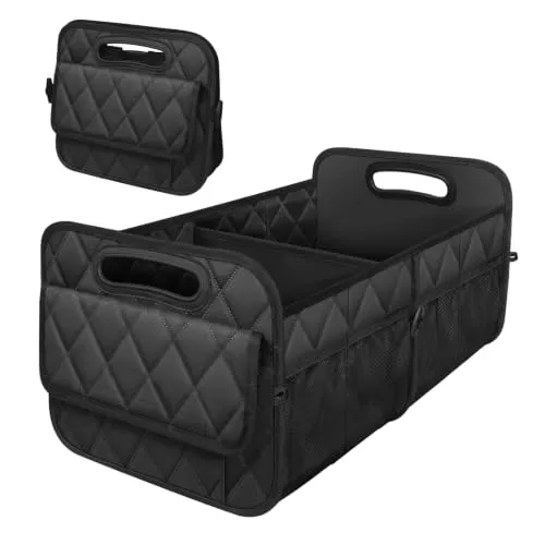 Deosk black foldable trunk organizer sitting square and open in an SUV cargo area
