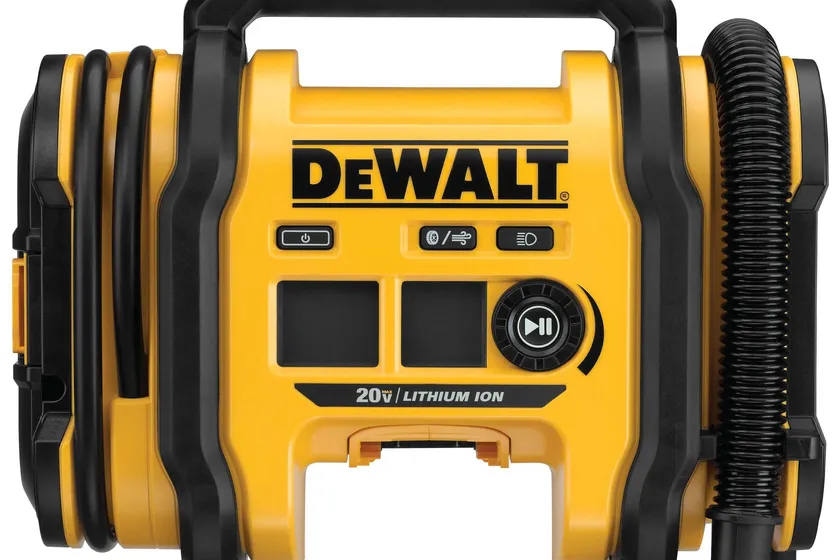 DEWALT DCC020IB yellow and black 20V MAX air inflator with wrapped hose, digital gauge and battery slot