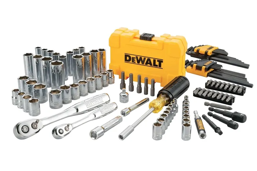 DEWALT 108 piece mechanics tool kit with polished chrome sockets, two ratchets, hex keys and a black bit driver