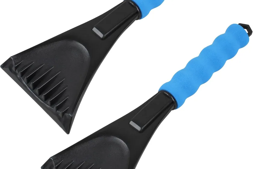 Two blue DIFFWELY Ice Ripper handheld ice scrapers with chipper teeth above the blade and a hanging hole in the handle