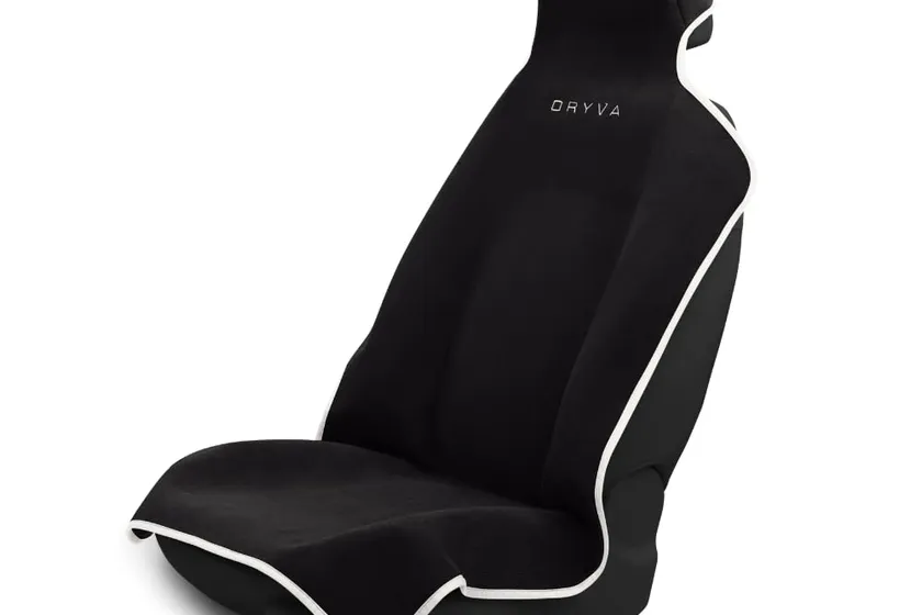 Black DryvaSeat microfiber towel car seat cover draped over a front seat