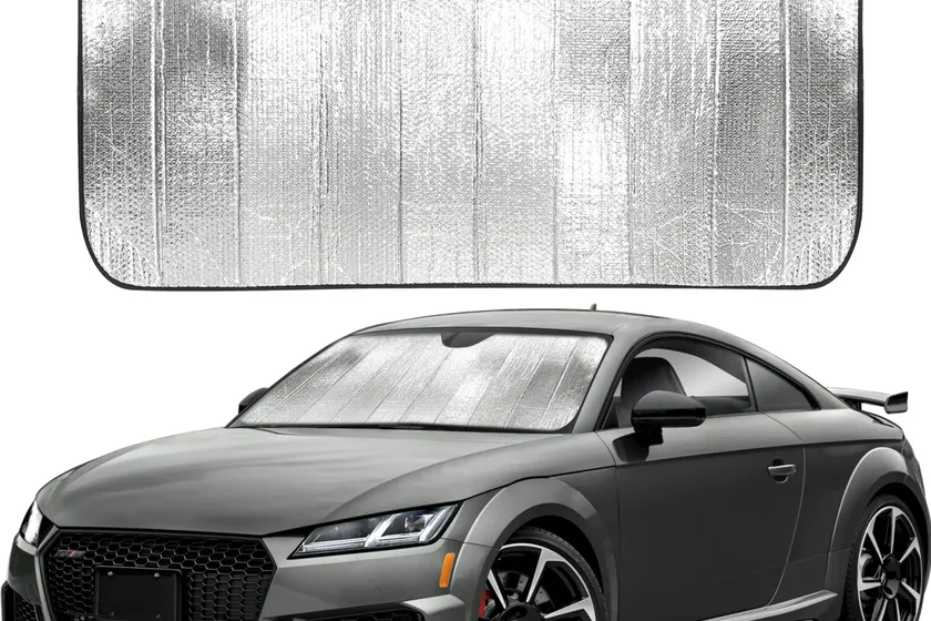 EcoNour accordion windshield sun shade folded like a fan next to the same shade opened across a windshield