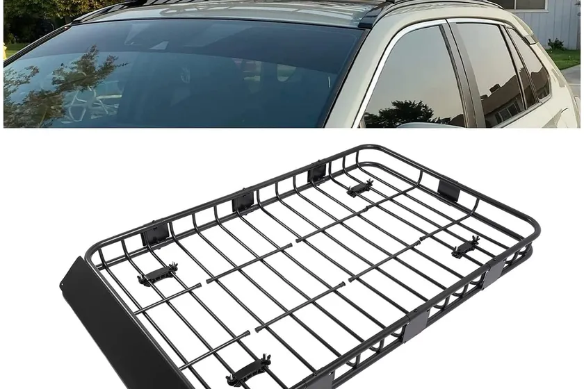 ECOTRIC black steel roof cargo basket with raised mesh side walls and U-bolt crossbar clamps