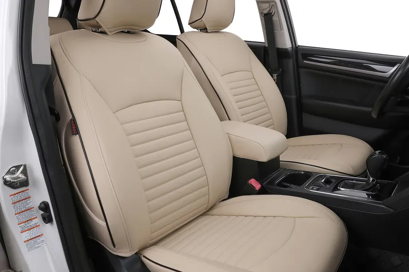 Beige EKR custom fit faux leather full set seat covers installed on Subaru Outback front and rear seats