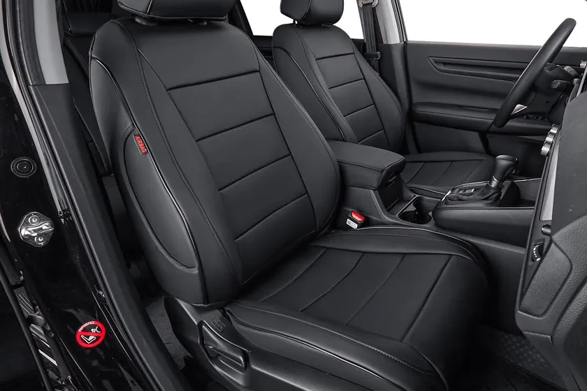 Black EKR custom fit leatherette full set seat covers installed throughout a Honda CR-V interior