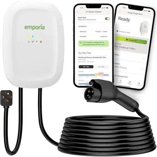 Emporia white Level 2 EV charger with J1772 connector, NEMA 14-50 plug and 25 foot cable