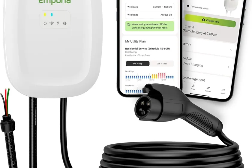 EMPORIA white hardwired Level 2 EV charger with a coiled 25 foot cable and J1772 connector