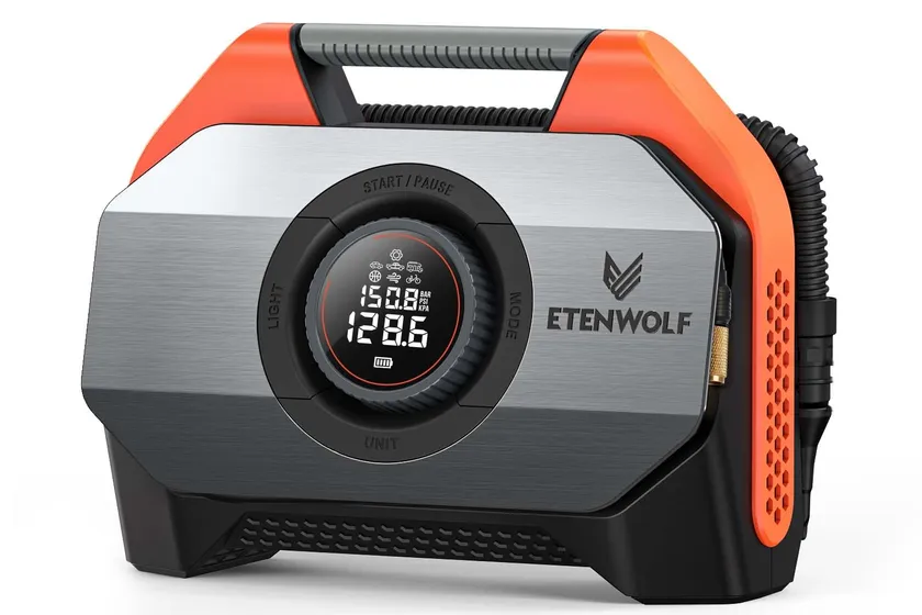 ETENWOLF VORTEX S6 orange and black cordless dual cylinder air compressor with a digital screen and coiled hose