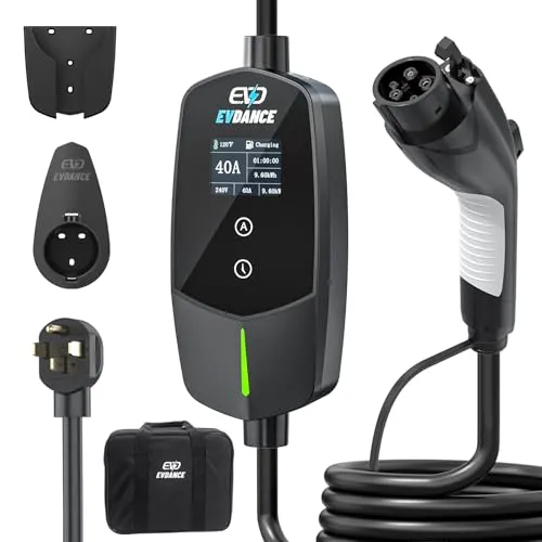 EVDANCE black portable Level 2 EV charger with TFT display, J1772 connector, NEMA 14-50 plug and carry bag