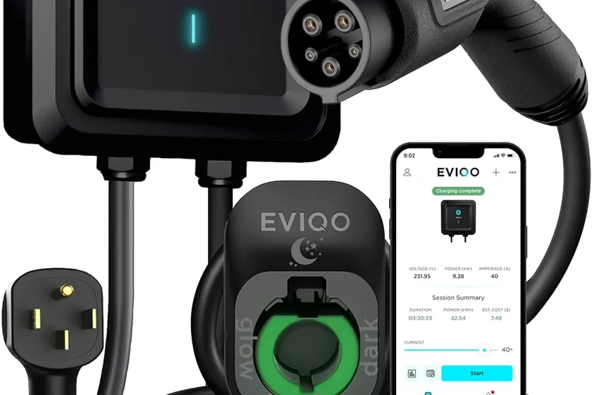EVIQO black plug-in Level 2 EV charger with a NEMA 14-50 cord, glow in the dark holster and J1772 connector
