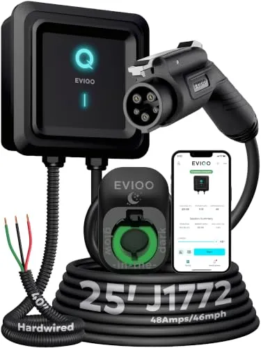 EVIQO black hardwired Level 2 EV charging station with J1772 connector and glow-in-the-dark holster