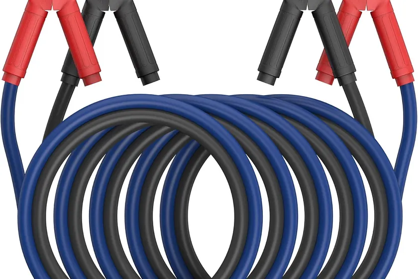 ExtreSpo 0 gauge 25 foot jumper cables with heavy red and black clamps, carry bag, gloves and terminal brushes