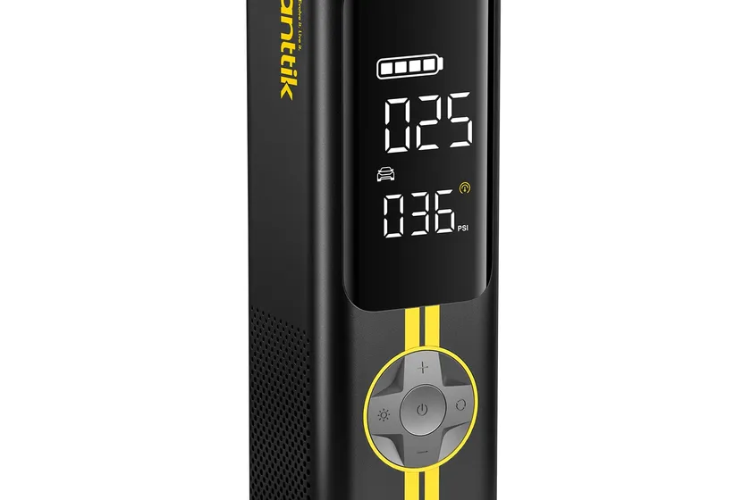 Fanttik X8 APEX yellow and black handheld cordless tire inflator with a dual LED screen and short air hose