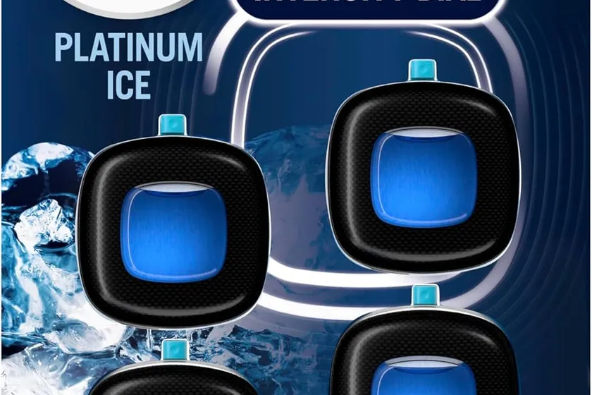 Four Febreze Platinum Ice car vent clips with the adjustable scent dial on the front