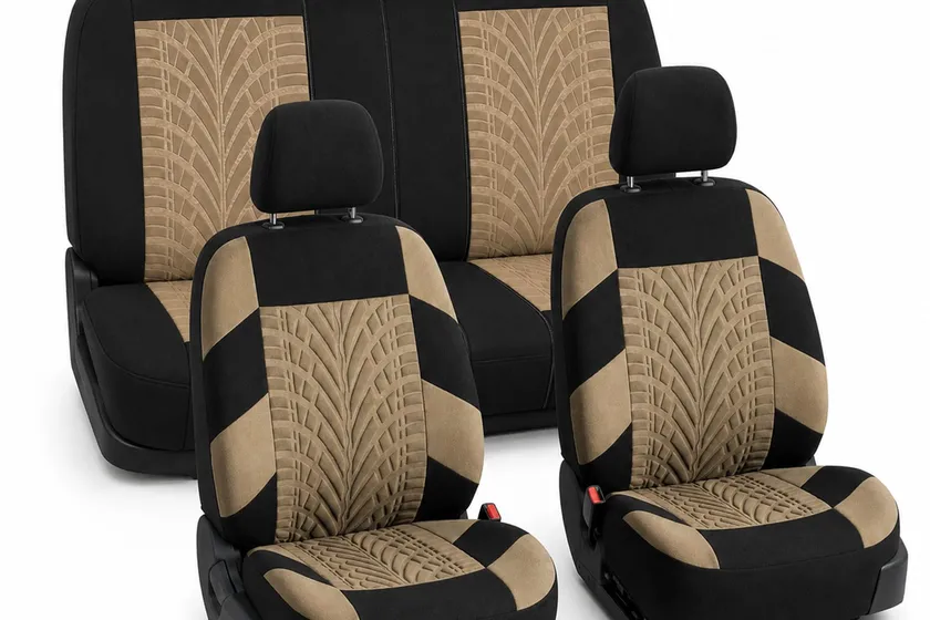 FH Group premium cloth full set car seat covers shown on front bucket seats and a rear split bench