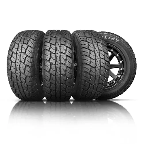 Finalist Terreno A/T all terrain tire standing upright, showing its step-down tread blocks, siping and black sidewall