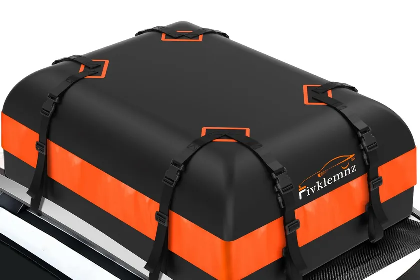 FIVKLEMNZ black waterproof rooftop cargo bag with topper anti-slip mat, reinforced straps and six door hooks on a car roof