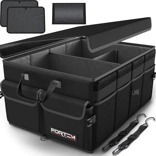 FORTEM 50L black trunk organizer standing open with its removable lid and side pockets