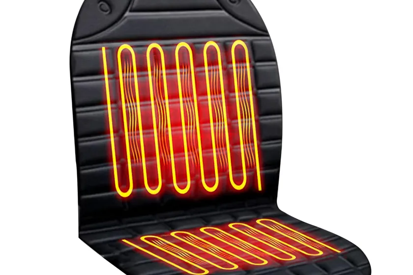 Black FOTN electric heated seat cover with high and low settings installed on a car front seat