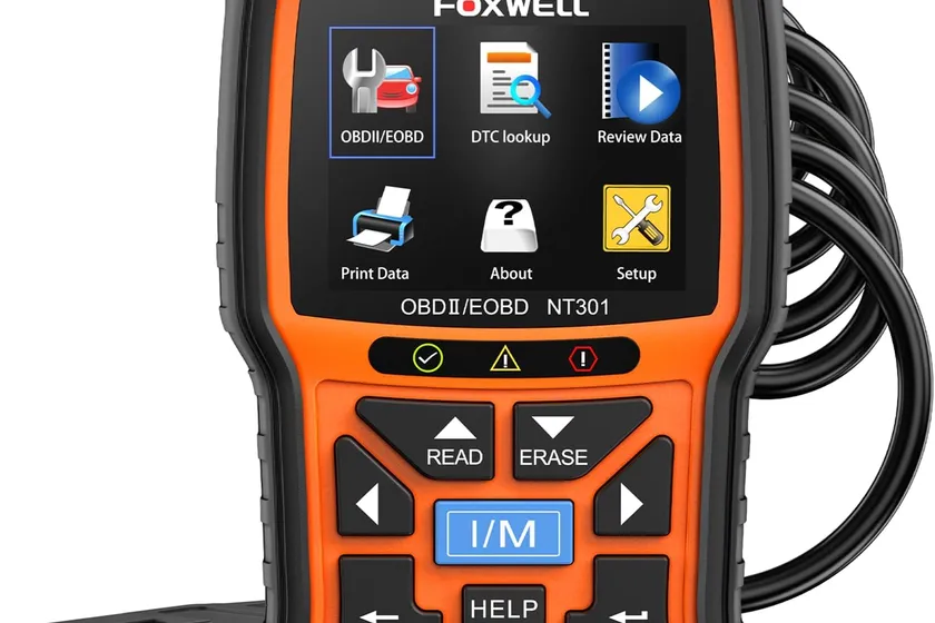 FOXWELL NT301 handheld OBD2 scanner with a 2.8 inch color screen and readiness LEDs