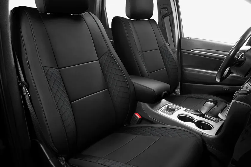 FREESOO custom black leather full-set seat covers fitted to a Jeep Grand Cherokee interior
